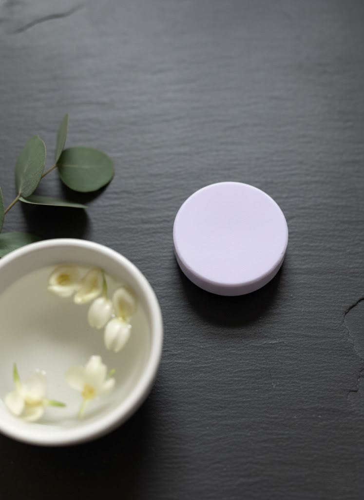 Lavender and Rosemary Shampoo Bar next to a white bowl with flowers on a dark surface