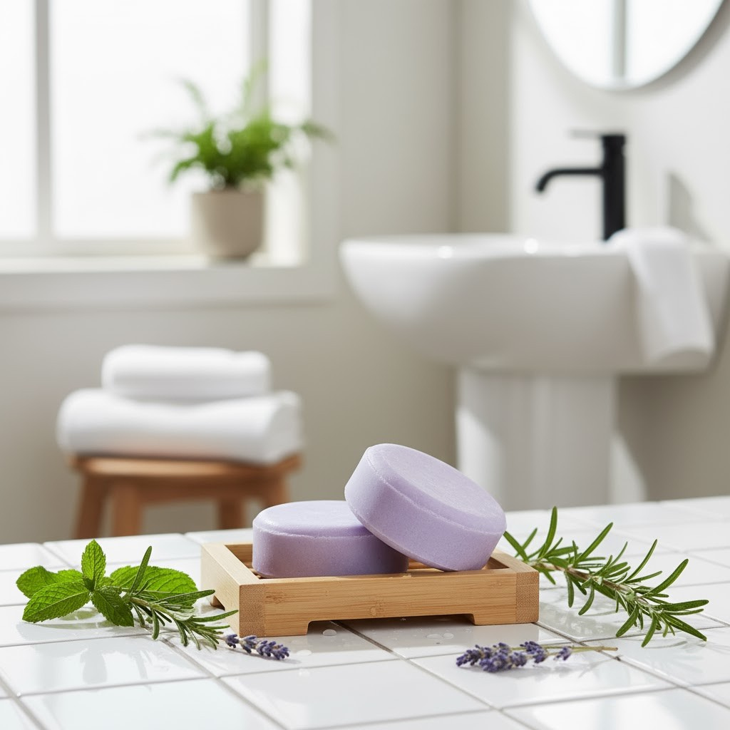 Lavender Rosemary duo on a wooden soap dish with greenery in a bathroom setting.