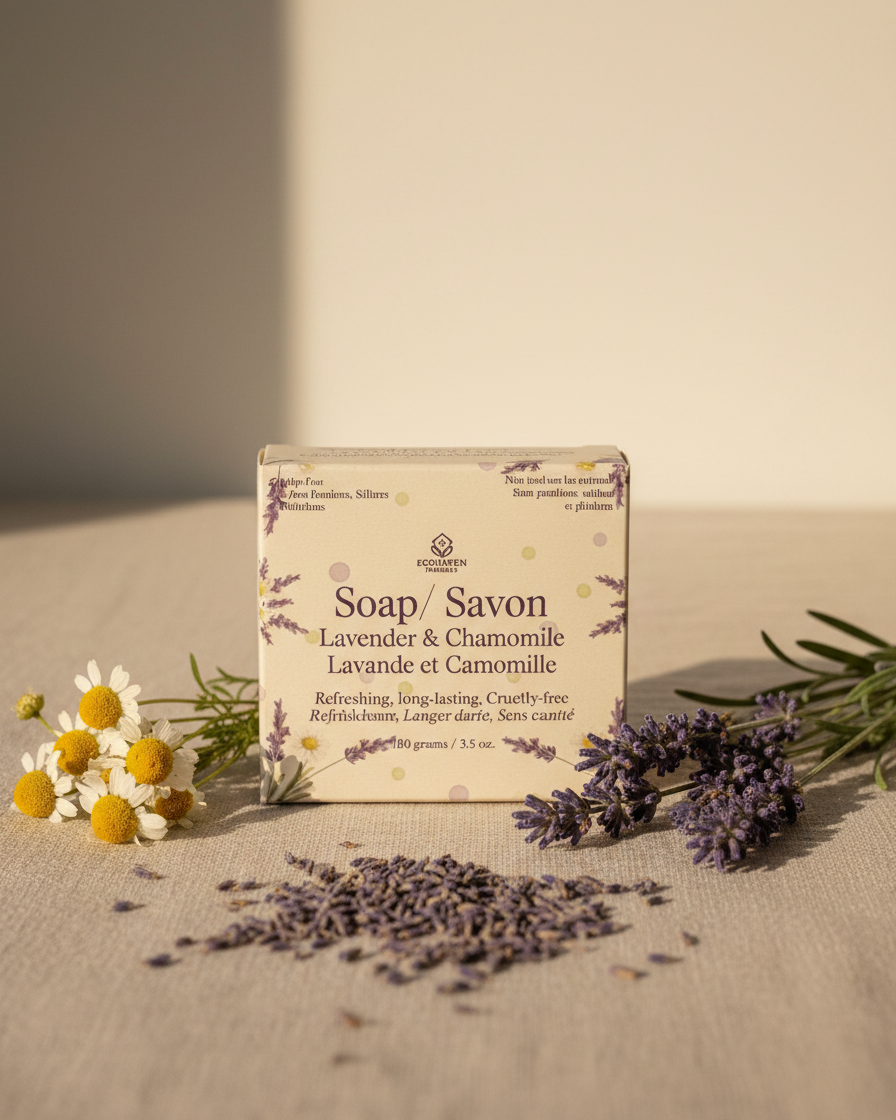 Bar of soap with lavender and chamomile packaging on a beige surface with lavender flowers and leaves.