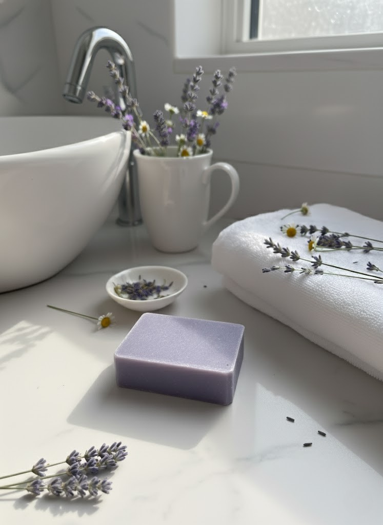 Lavender Chamomile Soap bar on a bathroom counter with flowers and a towel.