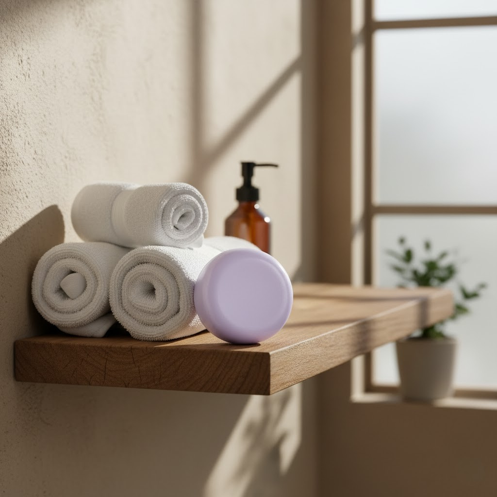 Stack of white towels and a purple bottle on a wooden shelf with Lavender Rosemary Conditioner Bar