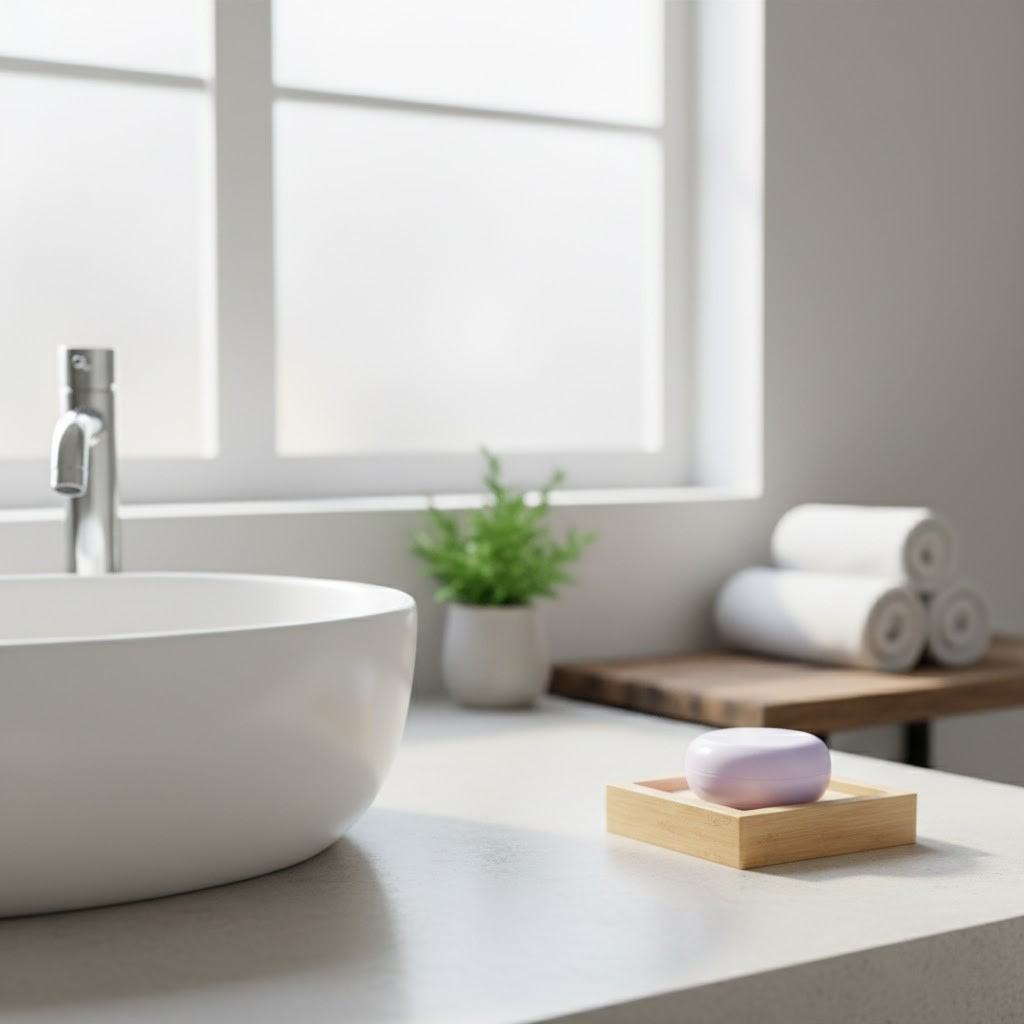 Modern bathroom with a sink, plant, and Lavender Rosemary Conditioner Bar on a tray.
