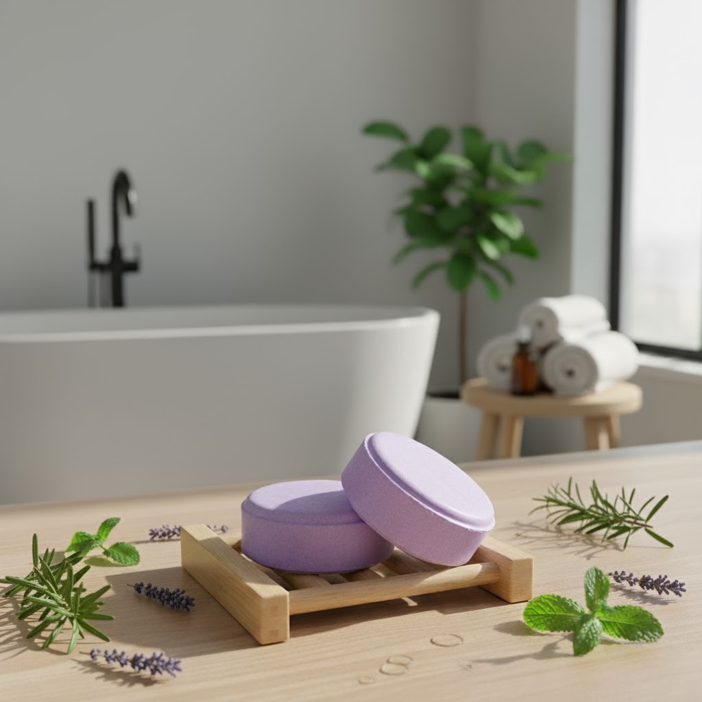 Lavender Rosemary Combo on a wooden stand with a bathtub and plants in the background