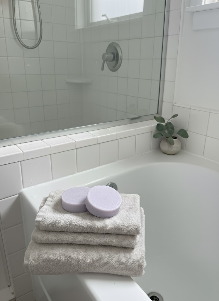 Bathroom with a bathtub, towels, and a plant