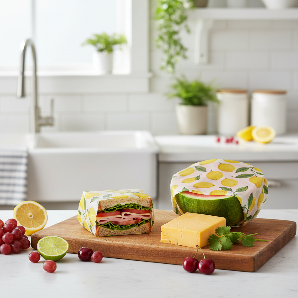 Reusable food wraps with a lemon pattern on a kitchen counter with a sandwich and cheese.