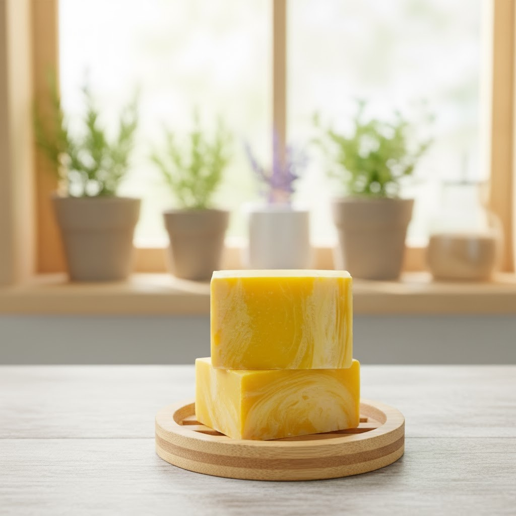 Lemongrass marbled soap bars on a wooden stand with a blurred indoor background