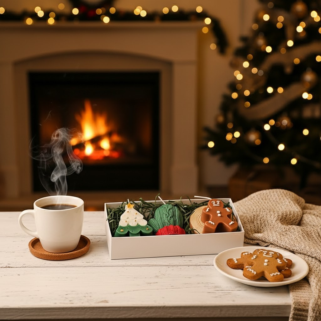 Cozy Christmas scene with a cup of coffee, gingerbread cookies, and a box of yarn in front of a fireplace and tree.