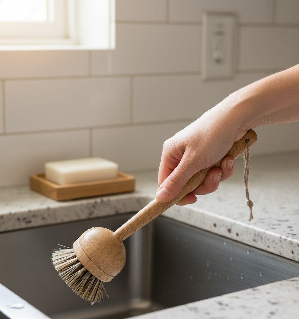 Hand holding a wooden dish brush over a kitchen sink with soap on a soap dish in the background.