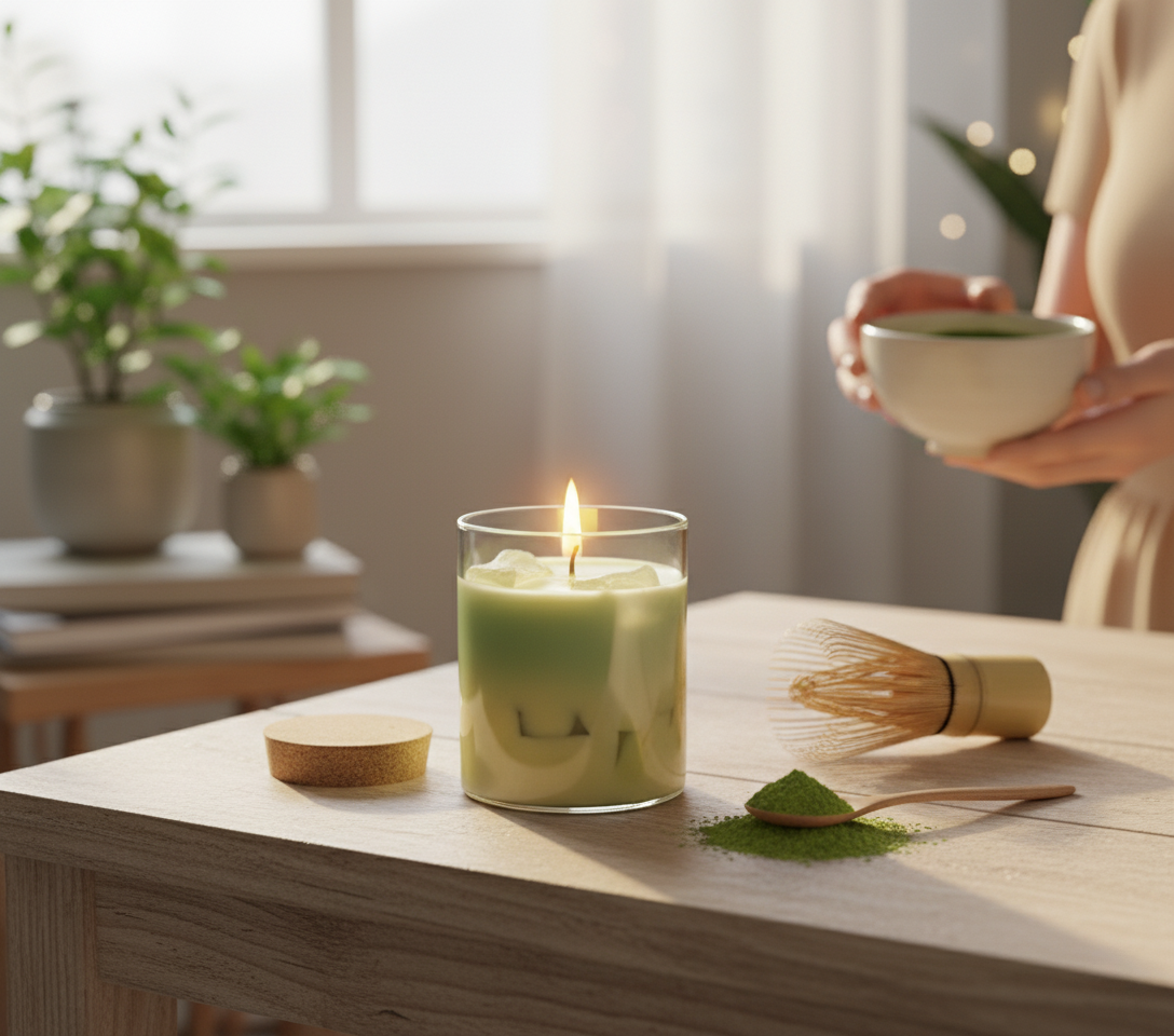 Matcha candle on a wooden table with matcha powder and whisk, blurred background