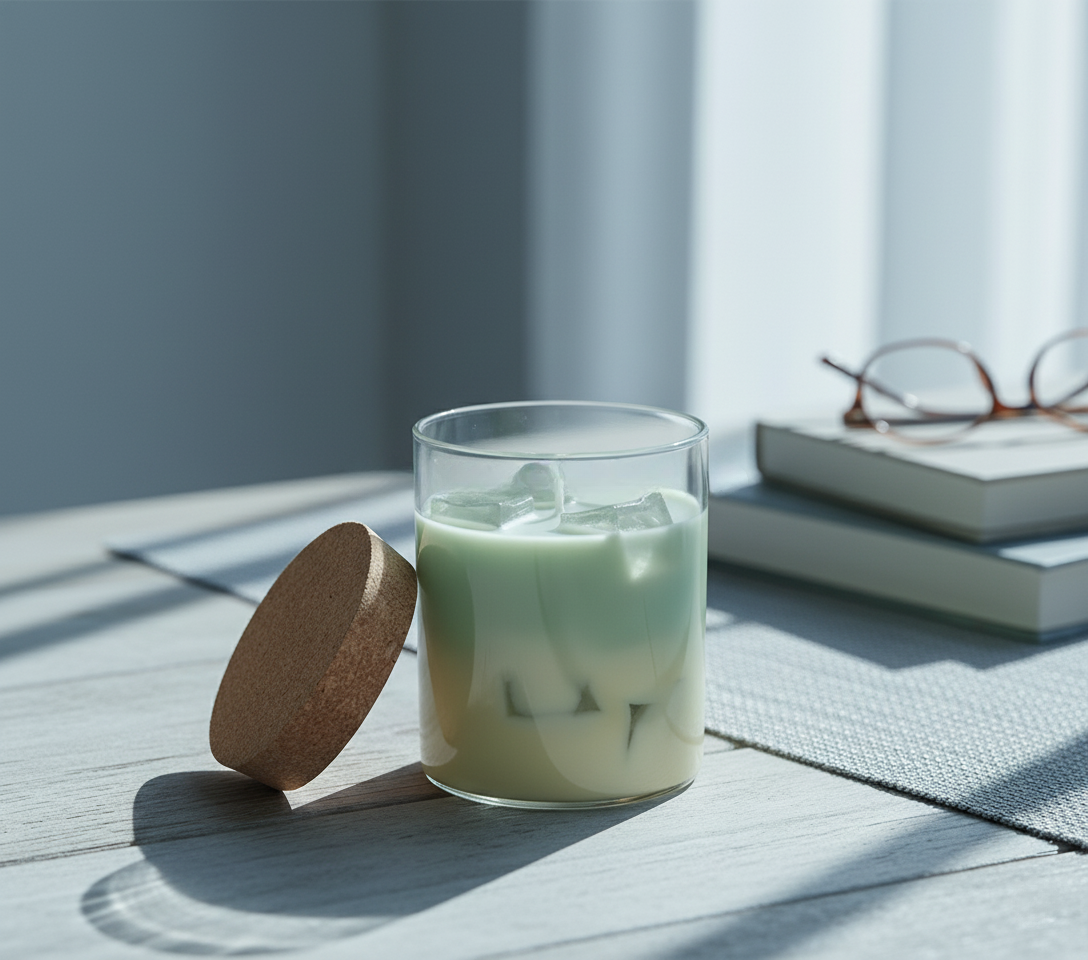 Iced green tea candle with wooden lid on a wooden surface with books and glasses in the background
