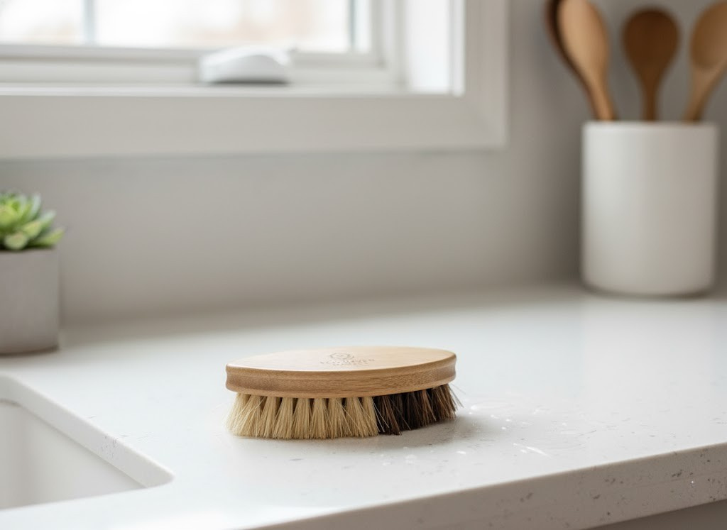 Wooden dish brush on a kitchen counter with a window and utensils in the background