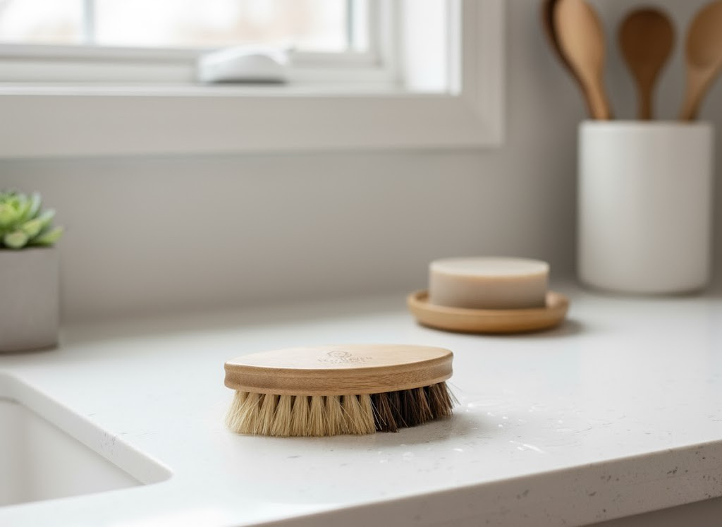 Wooden dish brush on a kitchen counter with a neutral background