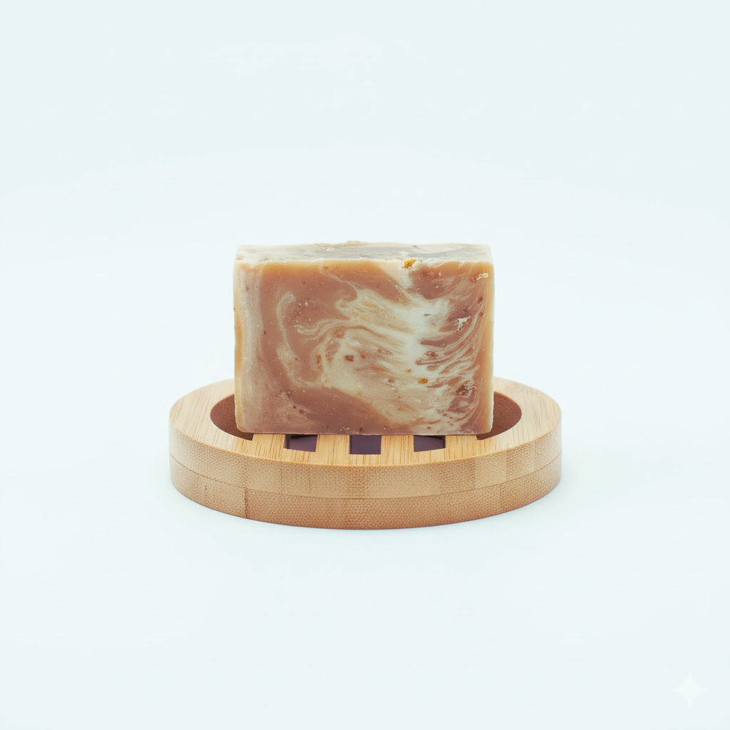 Honey oat soap on a wooden soap dish against a white background