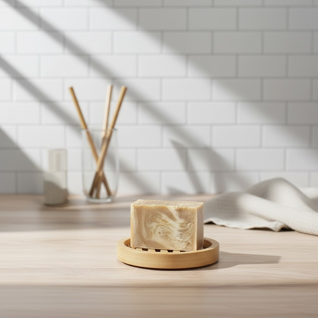 Oatmeal honey soap on a wooden dish with a minimal background