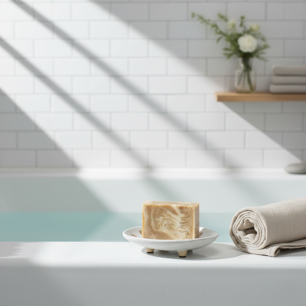Honey oatmeal soap on a white soap dish with a towel and flowers in the background