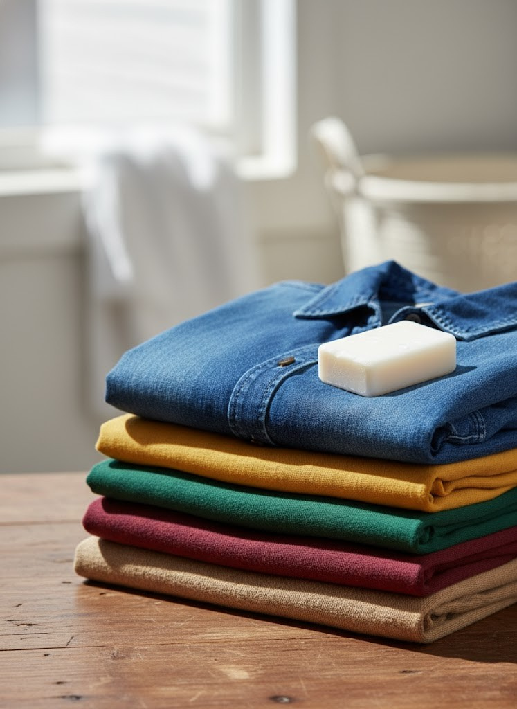 Stack of folded colorful clothes with a bar of laundry soap on a wooden surface