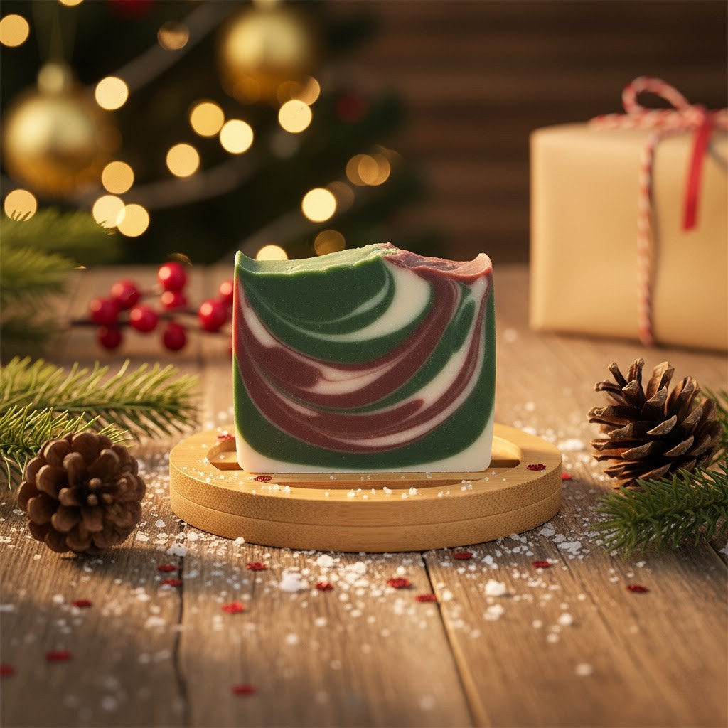 Decorative soap with peppermint cloves swirls on a wooden stand, surrounded by Christmas decorations.