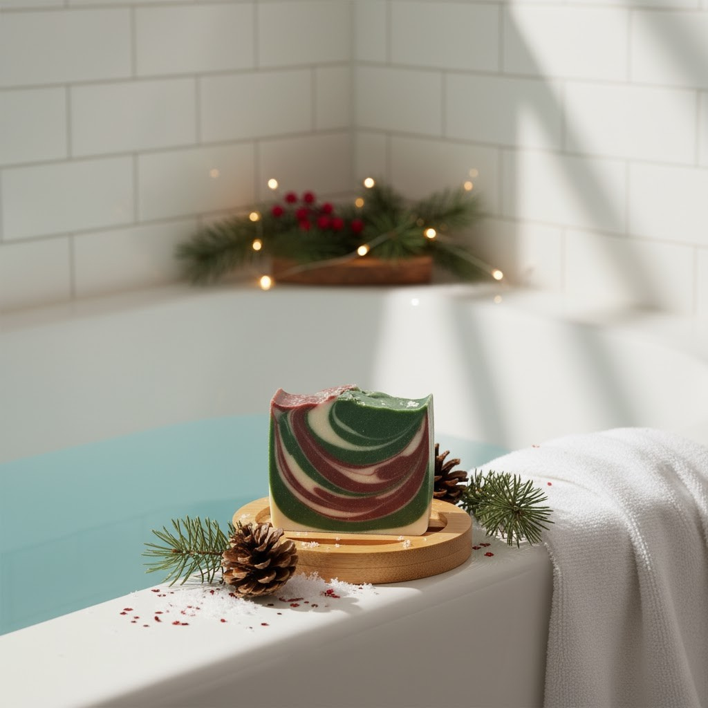 Decorative peppermint cloves soap with green and red swirls on a wooden stand in a bathroom setting.