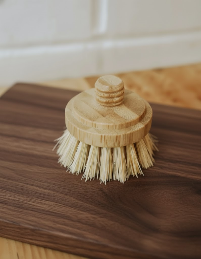 Wooden dish brush with bristles on a wooden surface