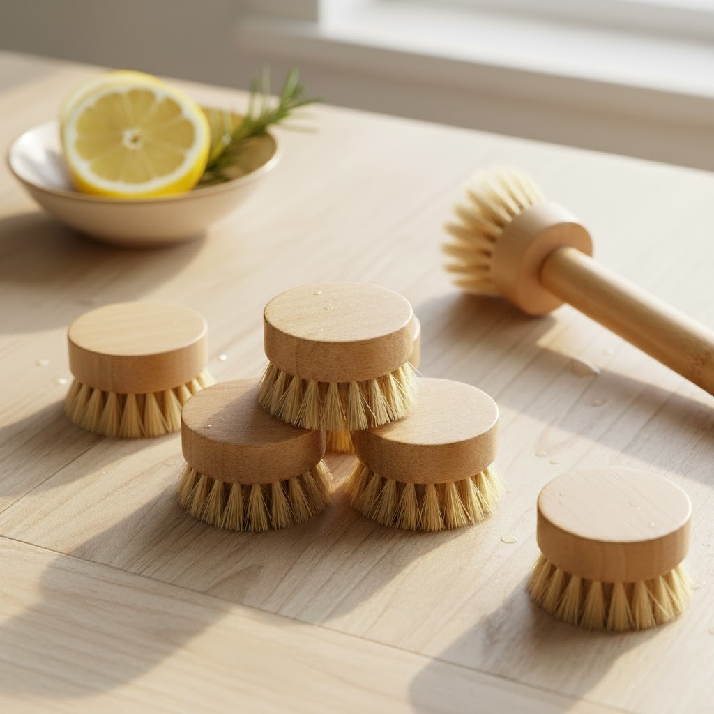 Set of wooden dish brushes on a light wooden surface with a bowl of lemons in the background.