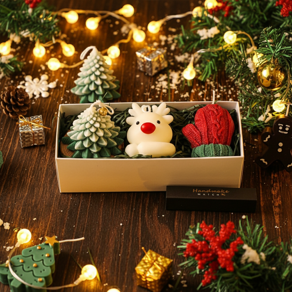 Decorative Christmas scene with small trees, a reindeer, and a knitted heart in a box, surrounded by festive lights and decorations.