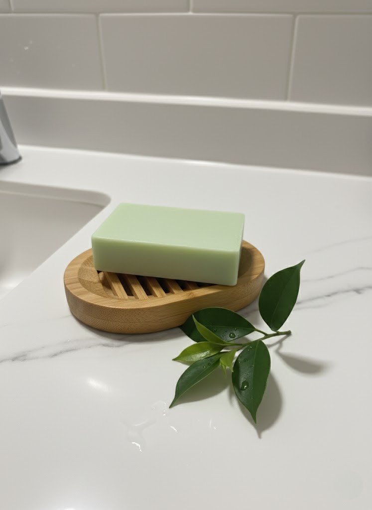 Rosemary Lemongrass soap on a wooden soap dish with a leaf on a white surface.