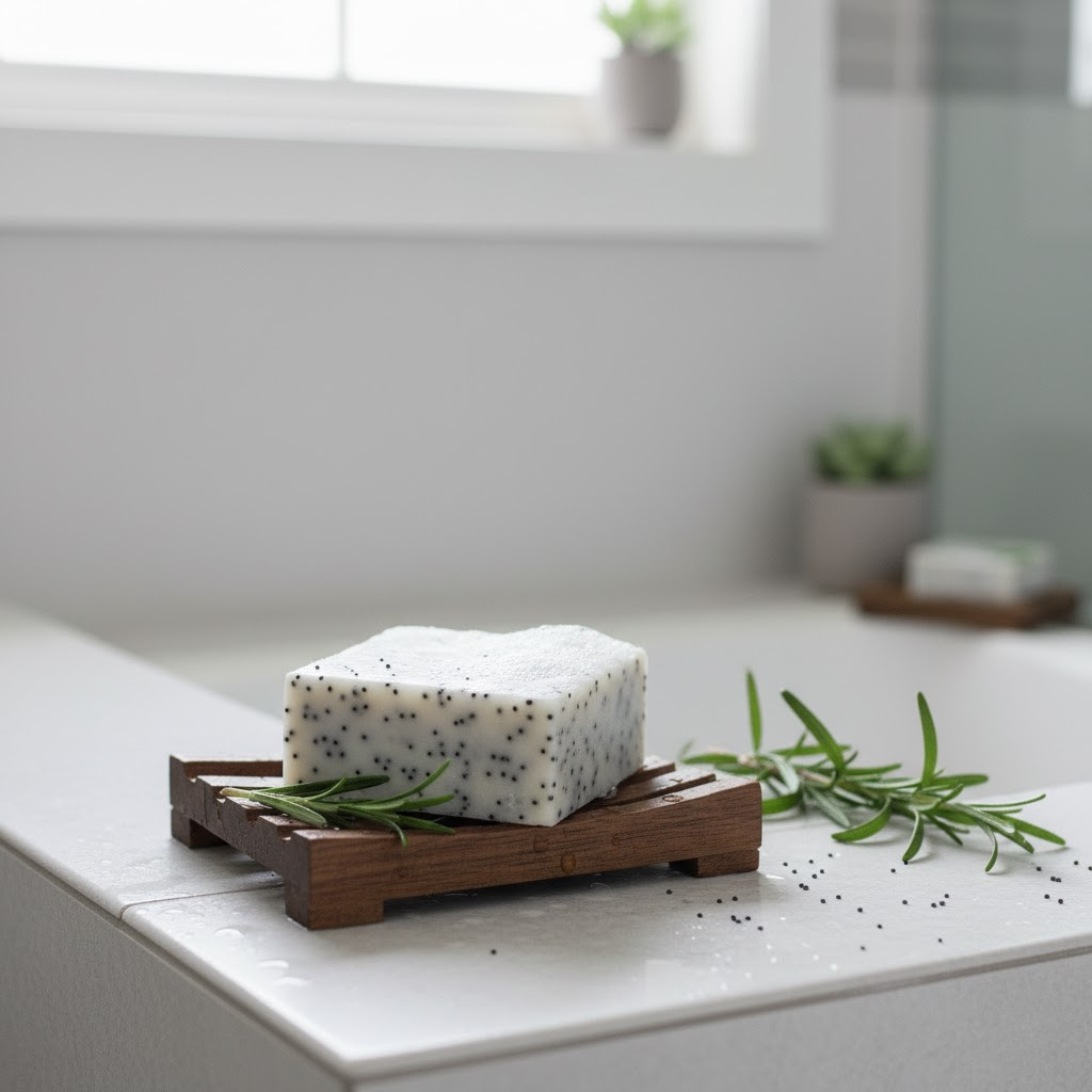 Rosemary Poppy shampoo on a wooden stand with rosemary on a bathroom counter