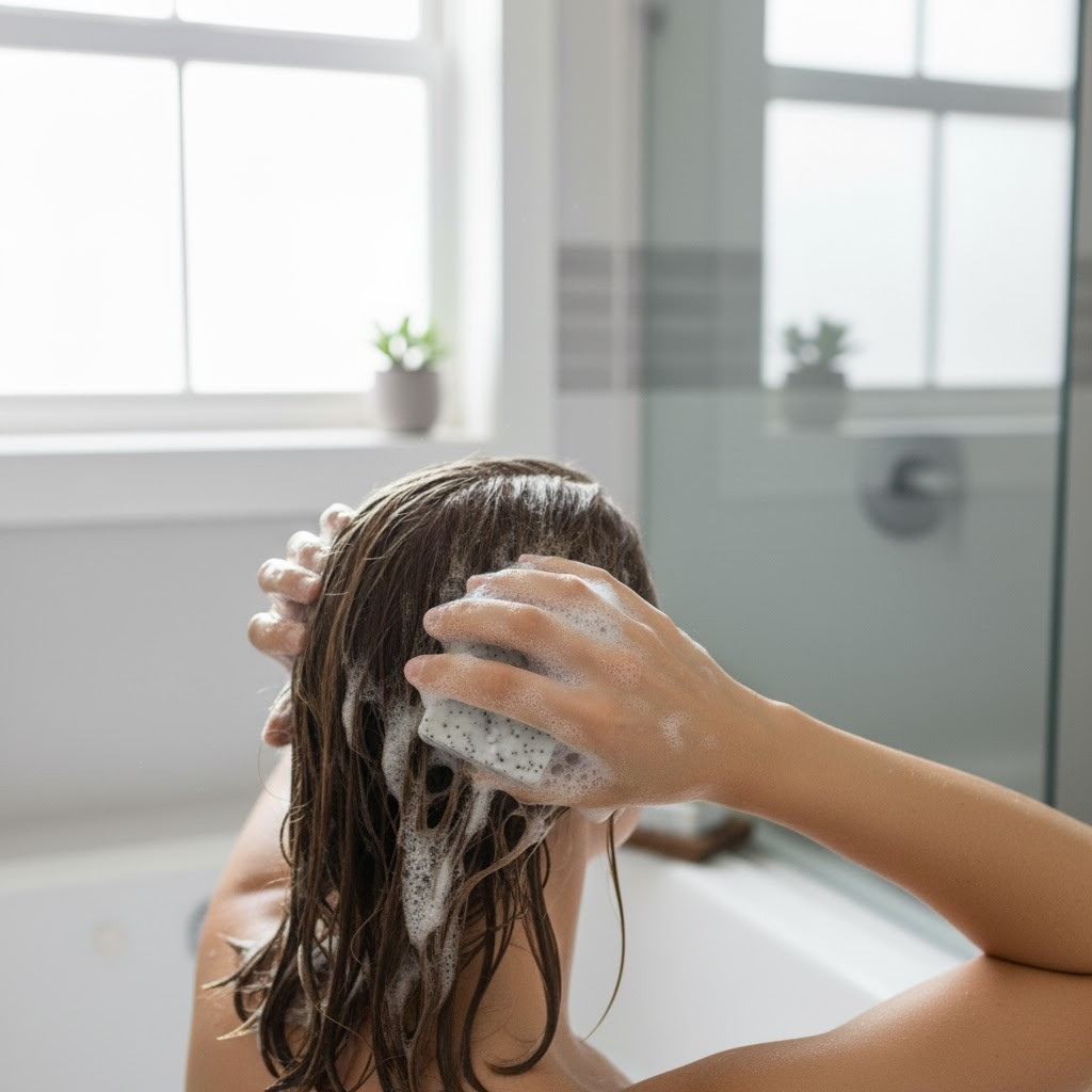 Person washing hair with Rosemary Poppy Shampoo in a bathtub with a blurred background