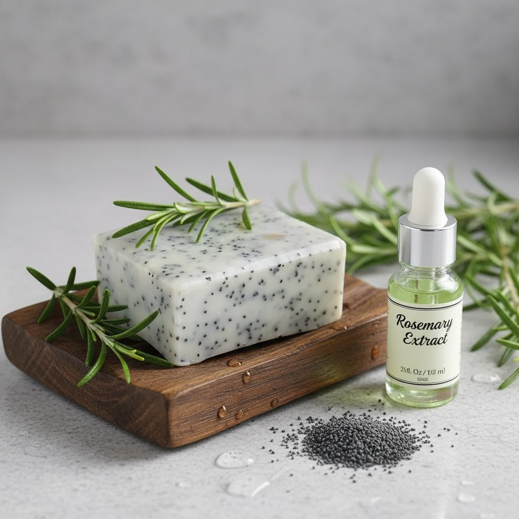 Rosemary Poppy soap with rosemary leaves, a wooden tray, and a bottle of rosemary extract on a light gray background.