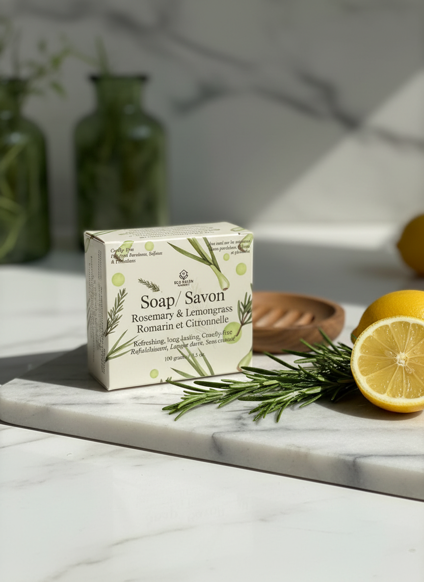Box of soap with rosemary and lemon on a marble surface