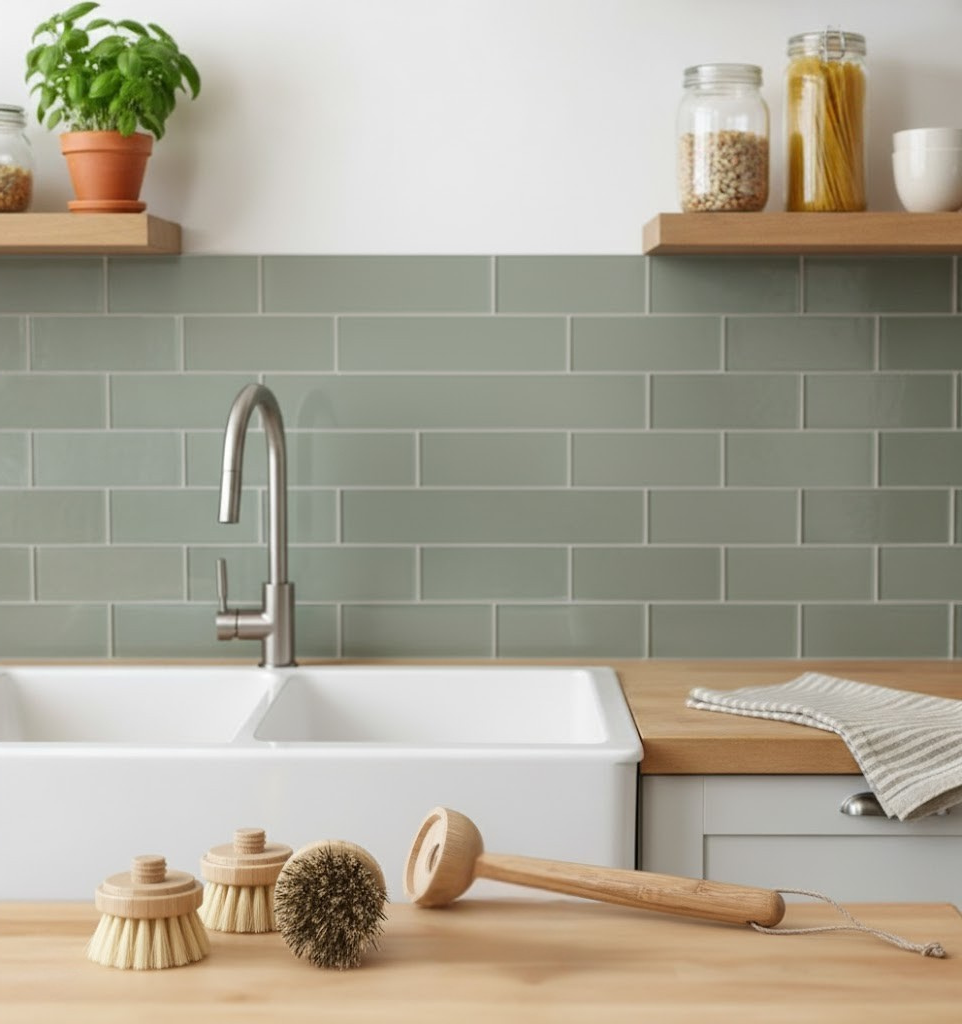 Kitchen with green tiled wall, white sink, and wooden shelves with jars and a plant.