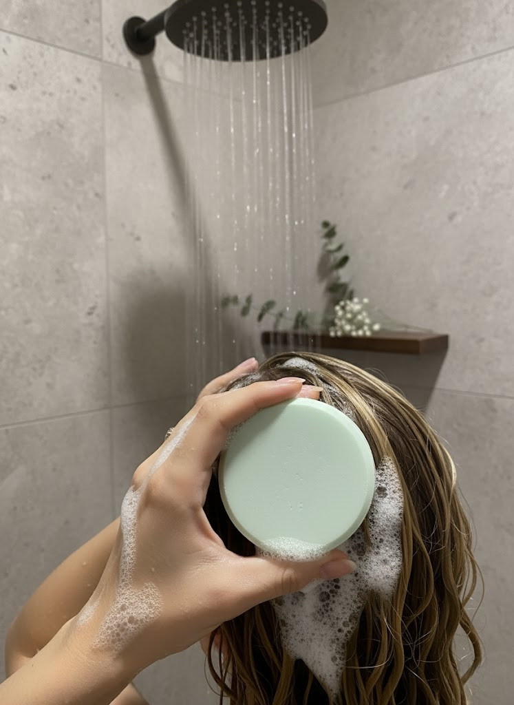 Person using a green Eucalyptus and Mint Shampoo Bar to cover their hair in a shower setting.
