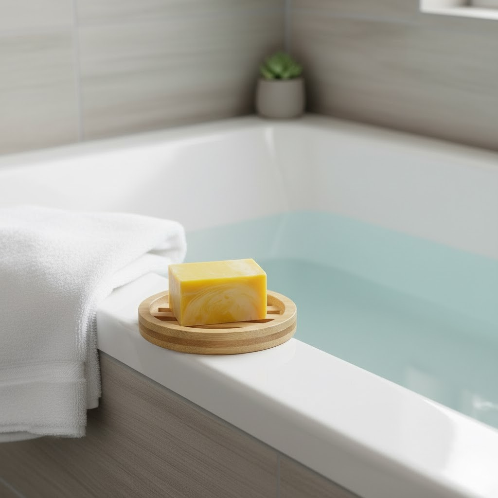 Lemongrass shea soap bar on a wooden soap dish by a bathtub with a white towel and small plant.