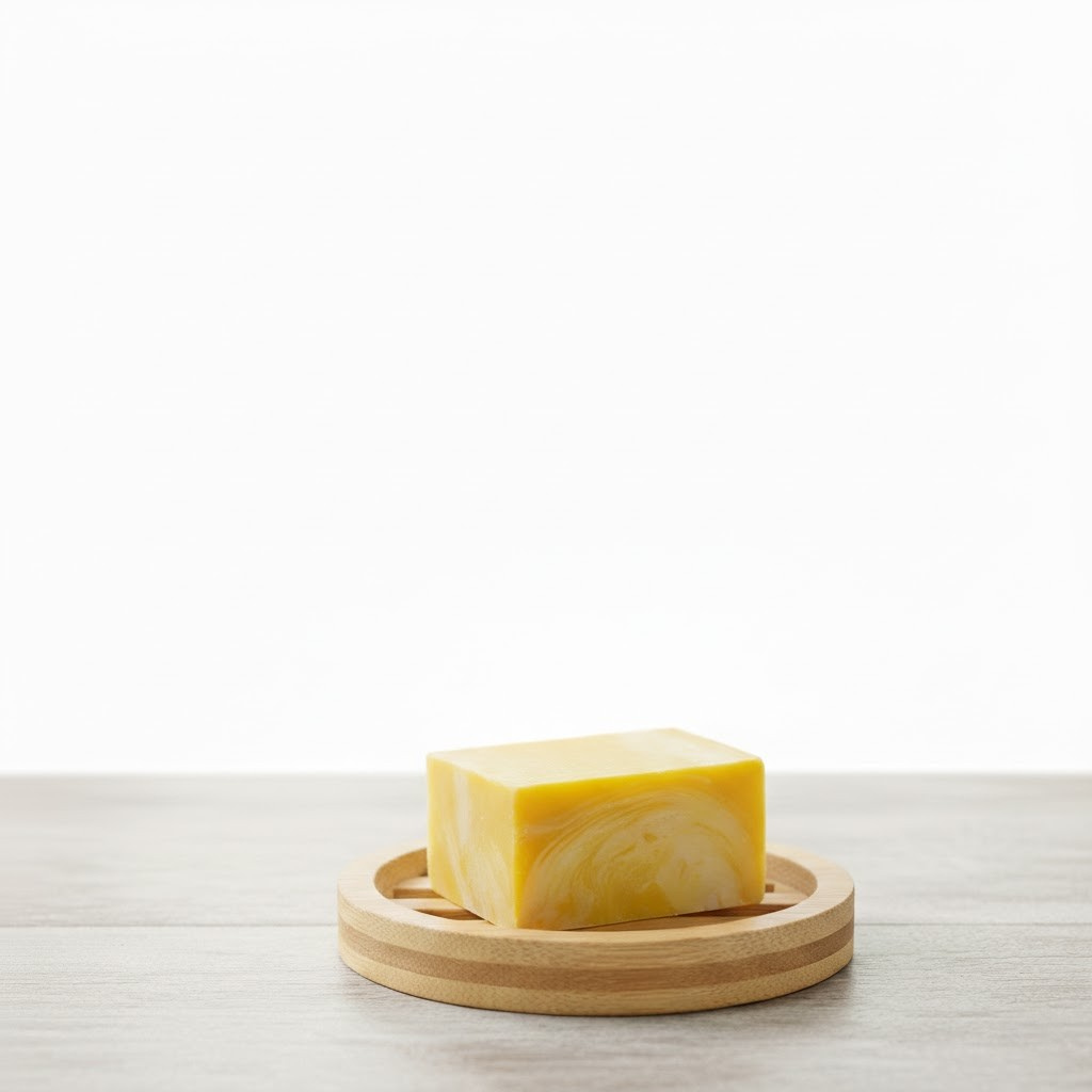 Shea soap bar on a wooden soap dish with a white background