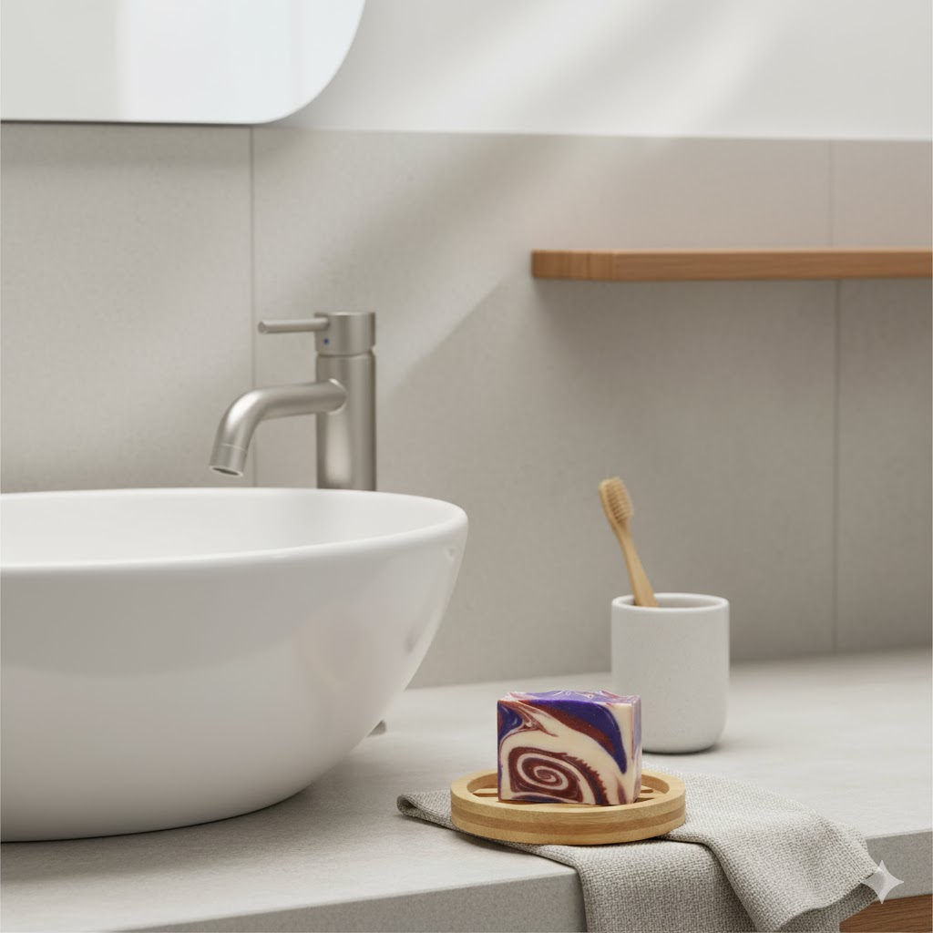 Bathroom sink with Dragon soap, toothbrush holder, and soap dish on a light countertop.