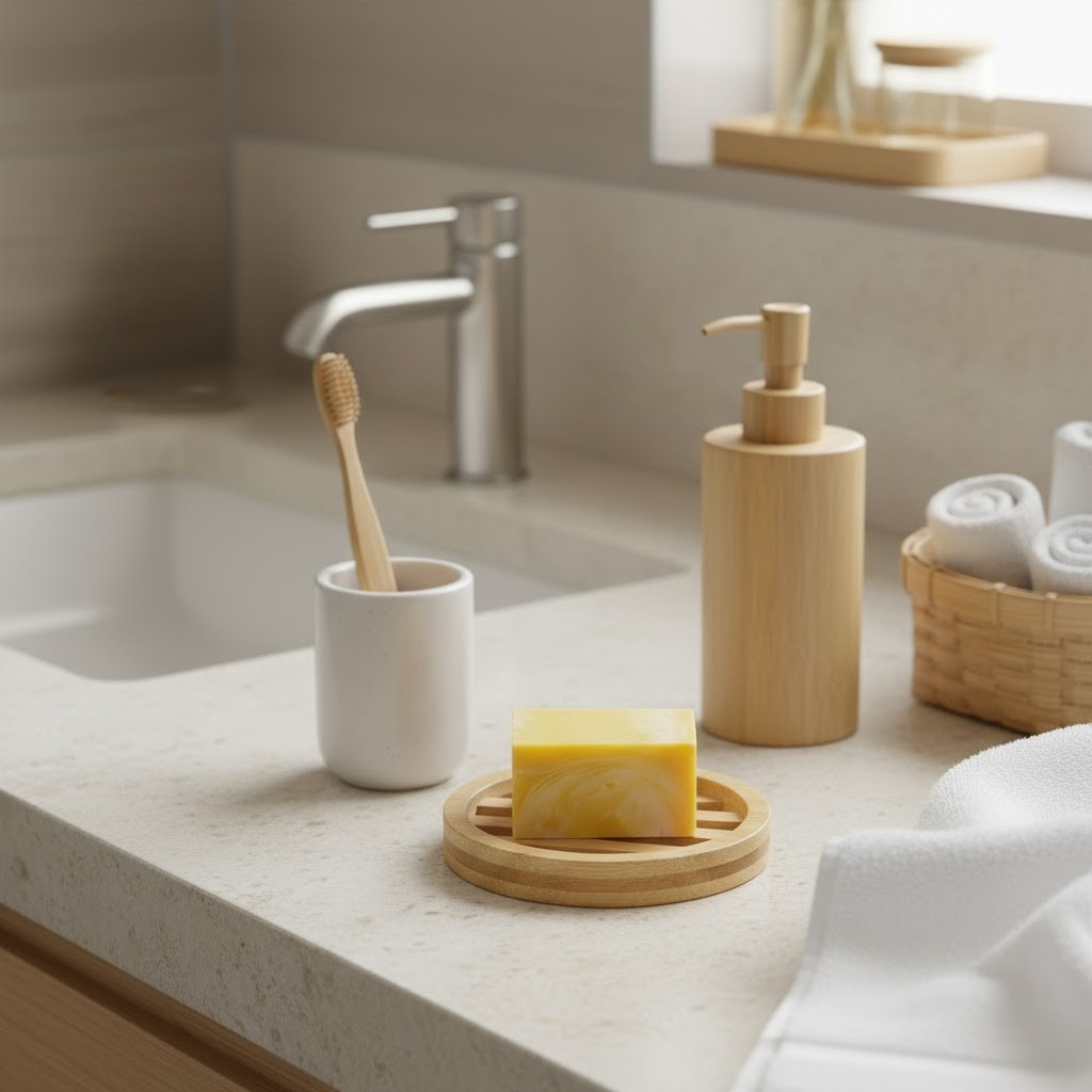 Bathroom counter with toothbrush, shea soap, and soap dispenser