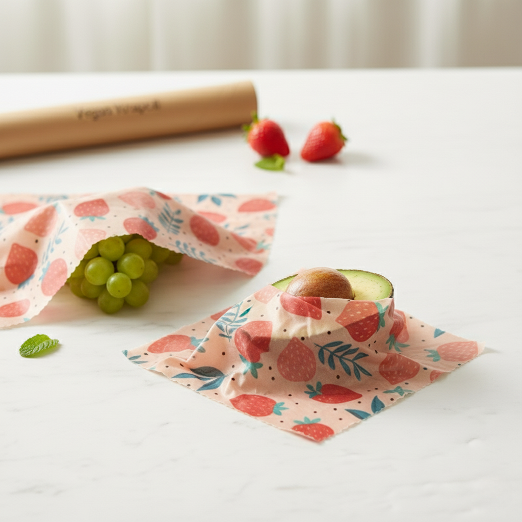 Reusable food wraps with fruit pattern on a white surface with fruits and a rolling pin.