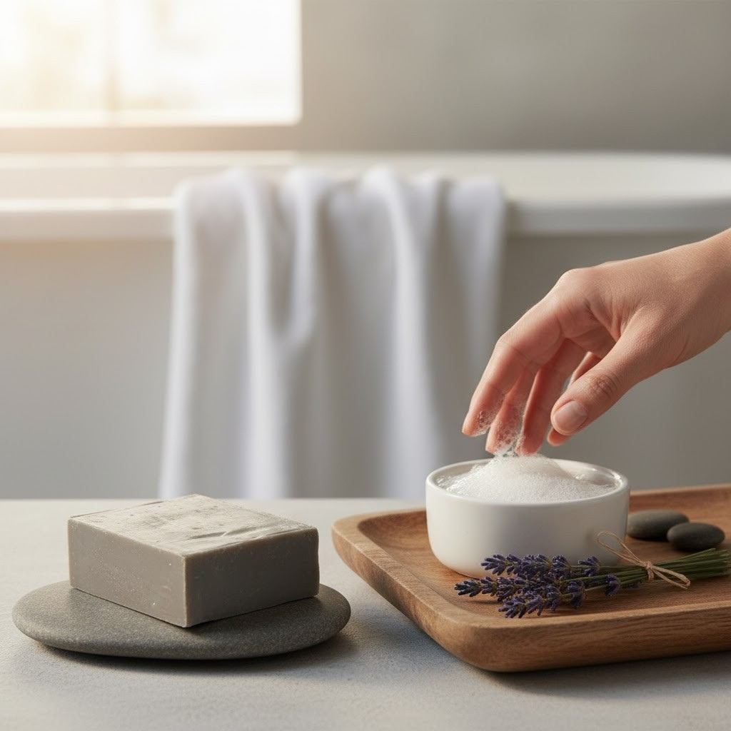 Hand reaching for a bowl of cream on a wooden tray with Tea Tree shampoo bar and lavender on a neutral background