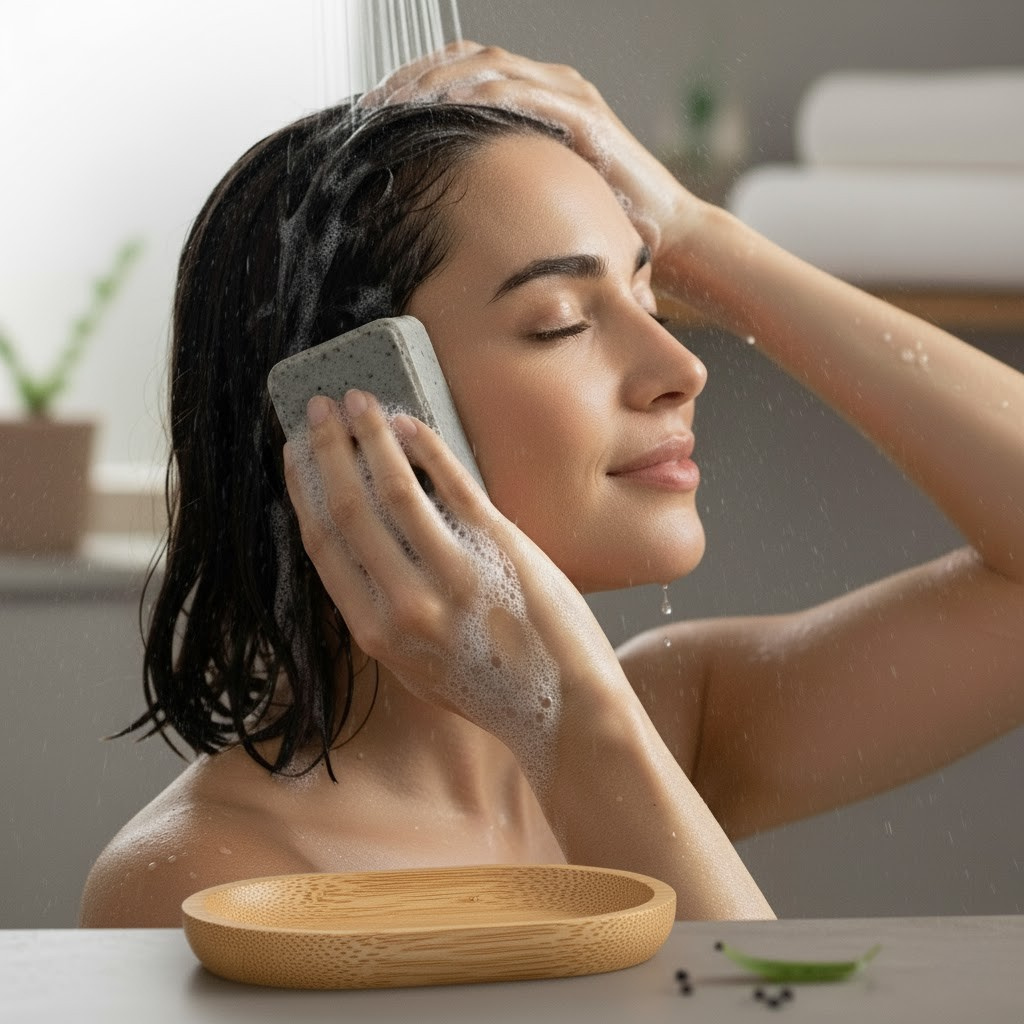 Woman washing her hair with Tea Tree shampoo bar