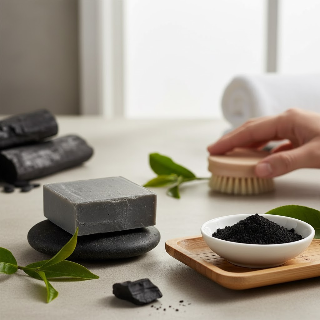 Tea Tree shampoo bar on a stone with a brush, bowl of black powder, and green leaves on a light surface.