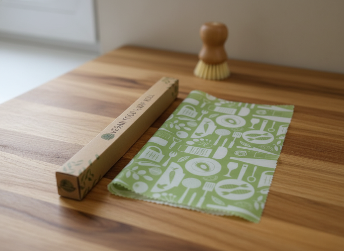 Green high quality vegan roll with white patterns on a wooden surface