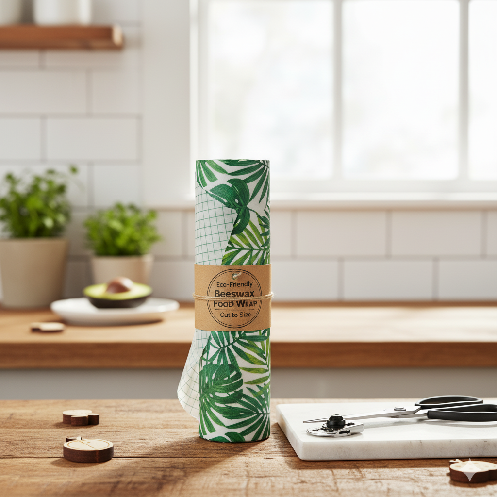 Roll of eco-friendly beeswax food wrap with leaf pattern on a kitchen counter.
