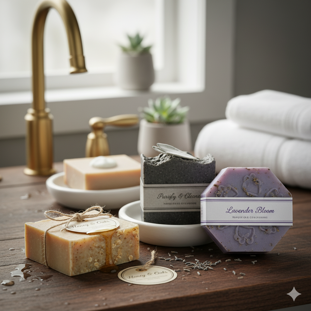 Three soaps on a wooden surface with a blurred background of a bathroom.