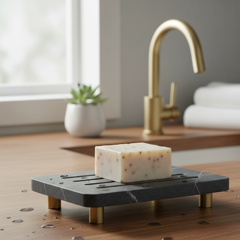 Soap on a black marble soap dish with a gold faucet in the background