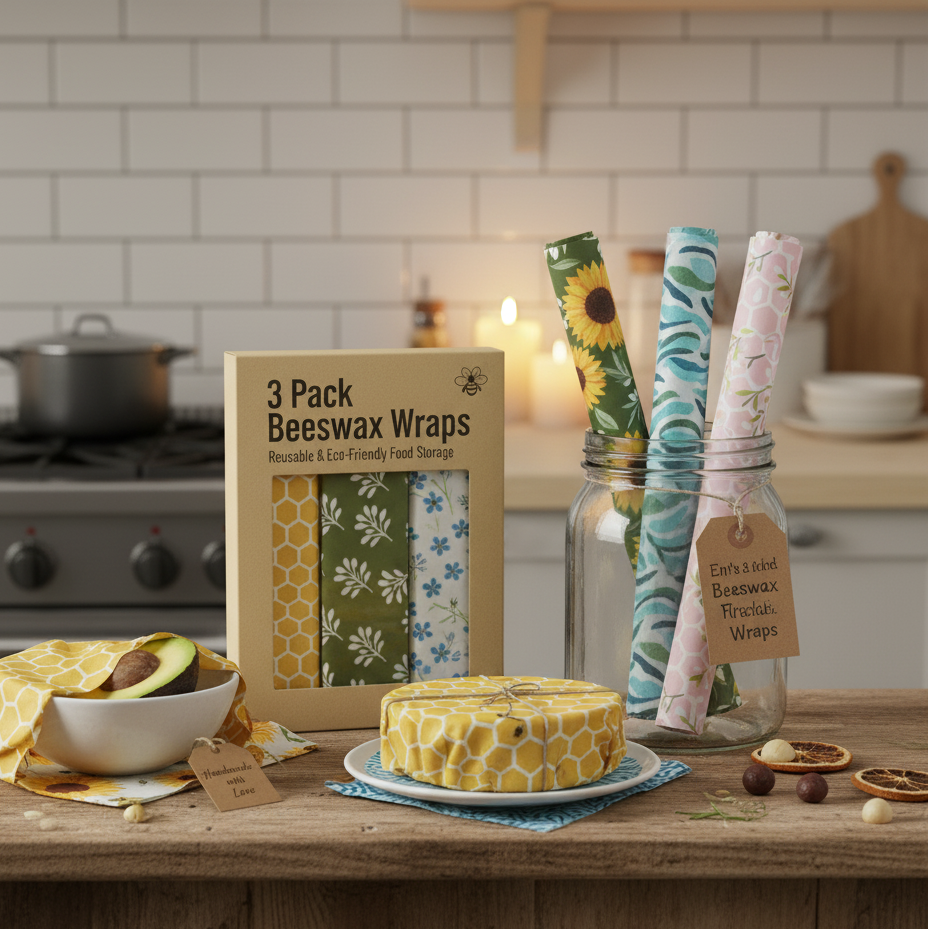 Beeswax wraps packaging on a kitchen counter with various designs.