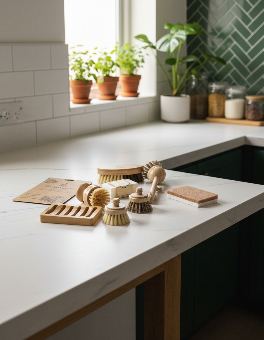 Kitchen counter with cleaning brushes and soap on a light-colored surface.
