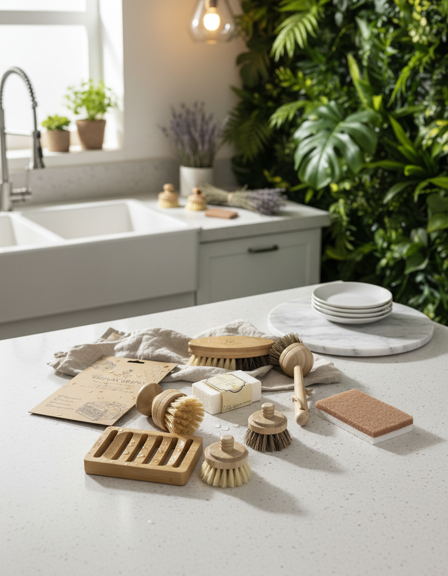 Set of wooden cleaning brushes and sponges on a kitchen counter with a modern kitchen background.