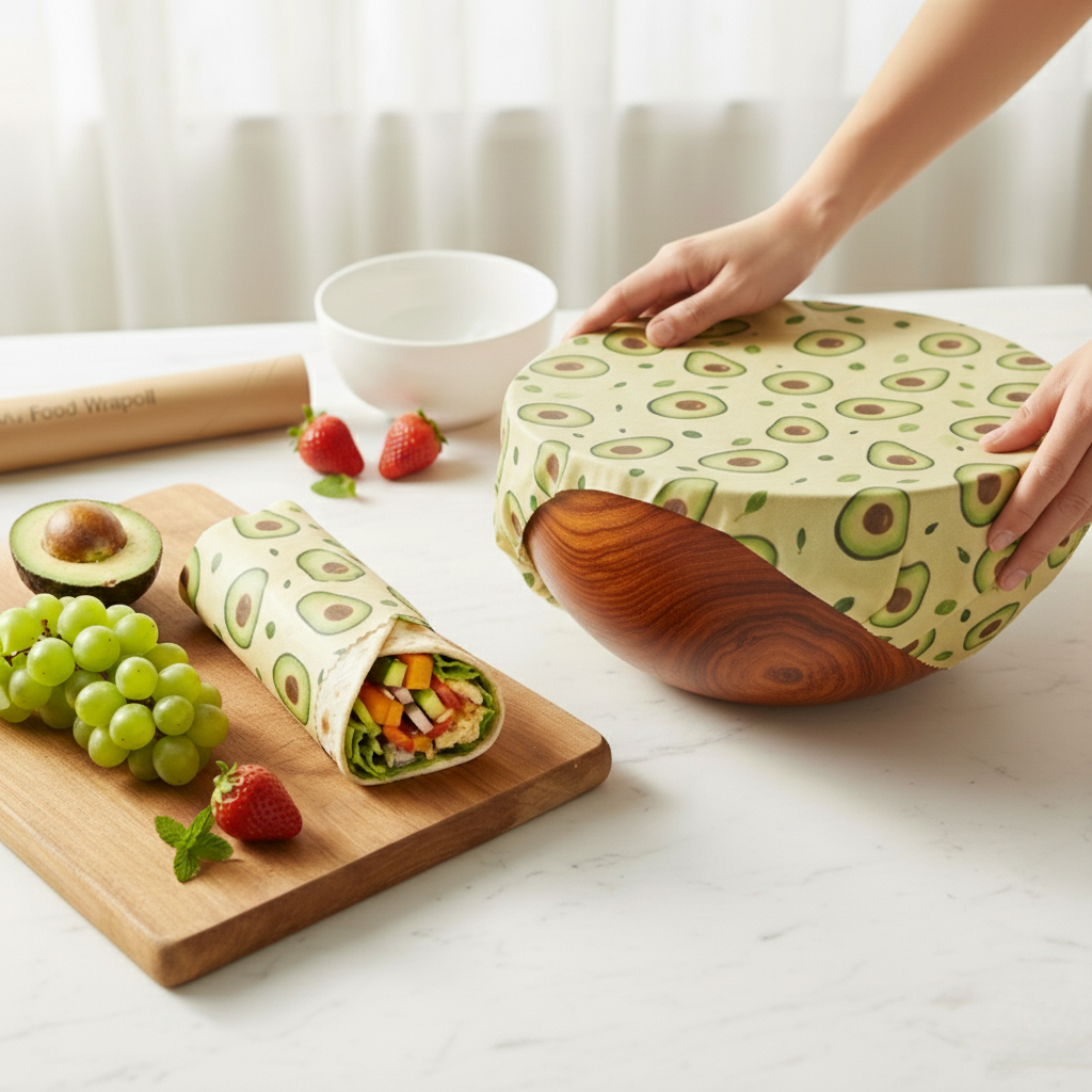 Person using avocado-patterned wrap to cover a wooden bowl on a table with fruits