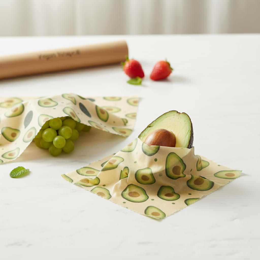 Beige wrap with avocado pattern holding an avocado half, surrounded by grapes and strawberries on a white surface.
