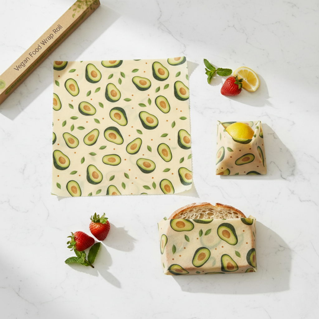 Avocado-patterned vegan food wrap roll with a wrapped sandwich 